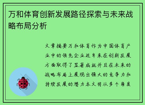 万和体育创新发展路径探索与未来战略布局分析
